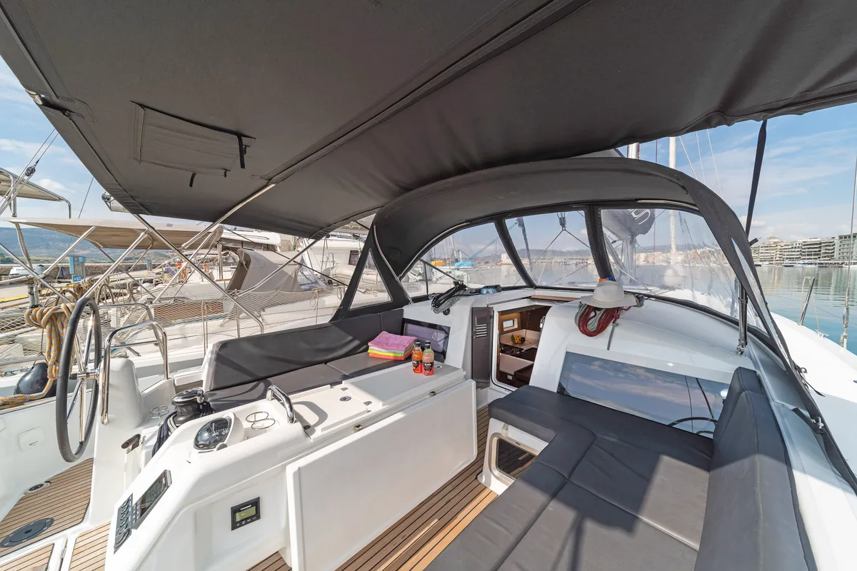 Deck of Esperos, a Jeanneau Sun Odyssey 440 sailboat at Volos, Greece