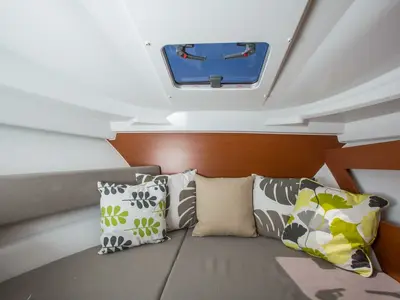 Cabin on Jeanneau Merry Fisher 795, a motorboat at Trogir, Croatia