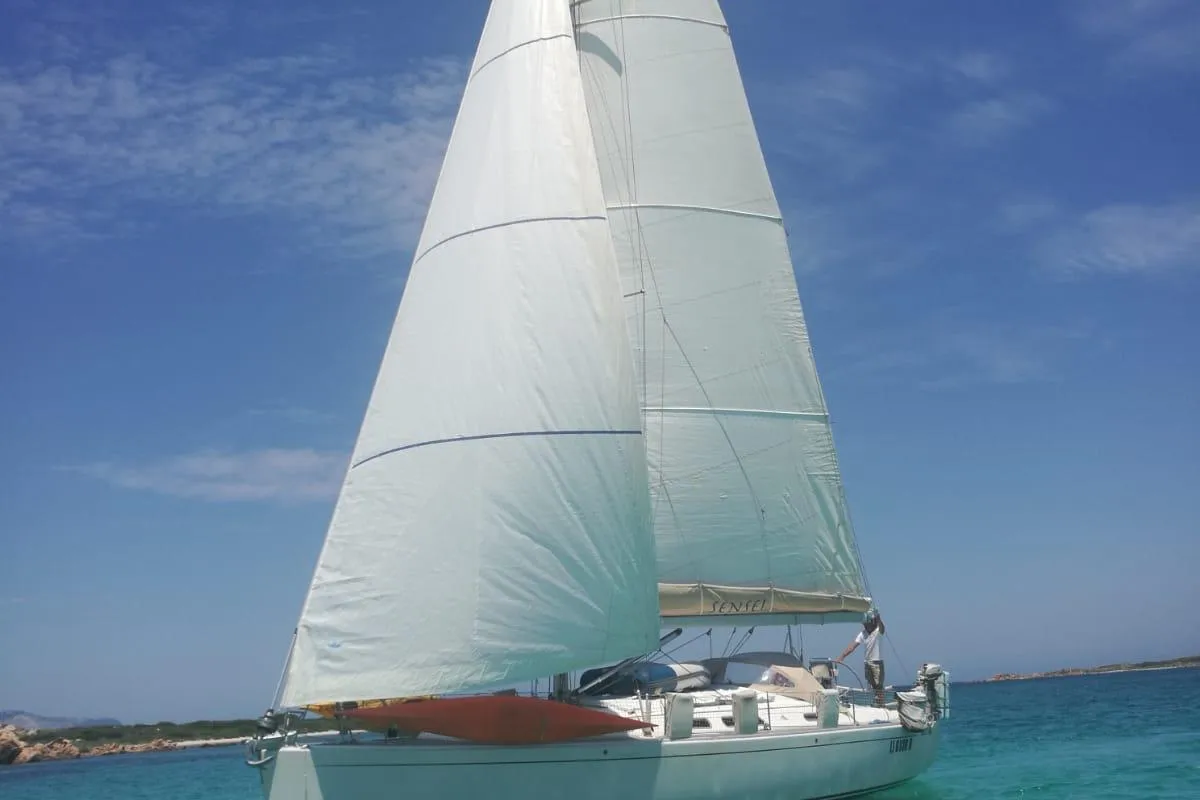 Exterior view of Sensei, a Hanse 400e sailboat at Puntone di Scarlino, Italy