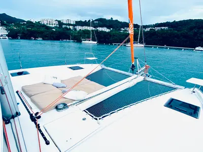 Deck of Yemaya Mallorca Crewed, a Excess 11 catamaran at Port d'Andratx, Spain