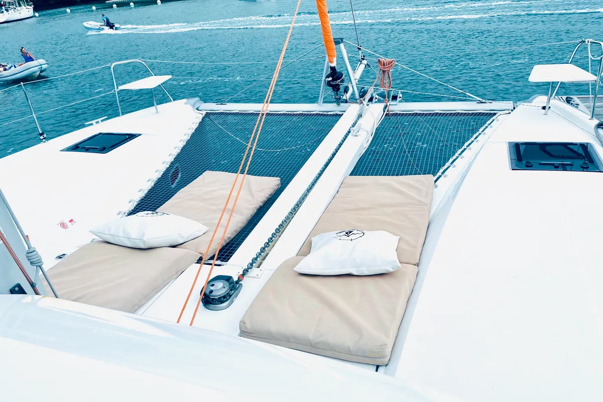 Deck of Yemaya Mallorca Crewed, a Excess 11 catamaran at Port d'Andratx, Spain