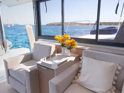 Salon of Nereid, a Bali 4.8 catamaran at Agios Stefanos, Greece