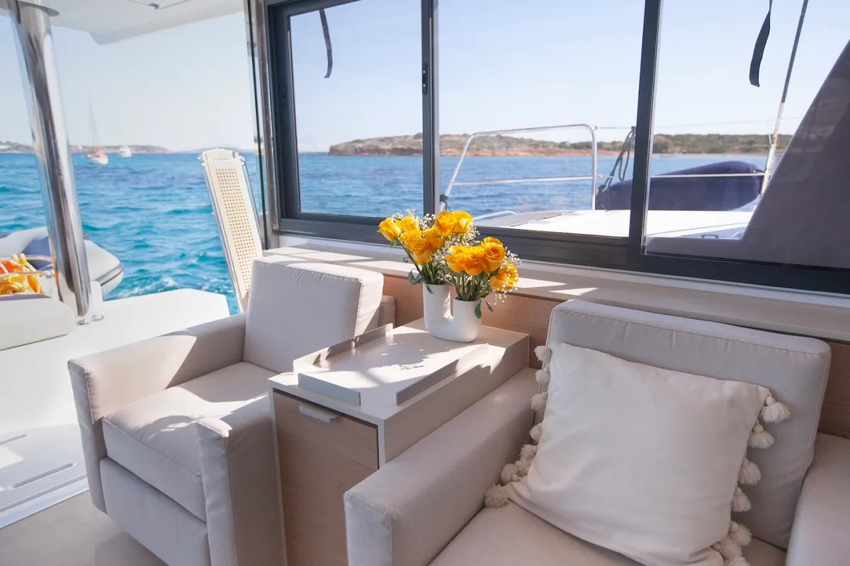 Salon of Nereid, a Bali 4.8 catamaran at Agios Stefanos, Greece