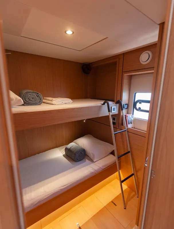 Cabin on Nereid, a Bali 4.8 catamaran at Agios Stefanos, Greece