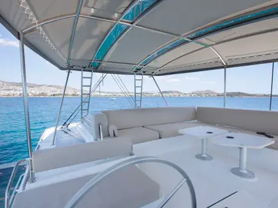 Cockpit of Nereid, a Bali 4.8 catamaran at Agios Stefanos, Greece