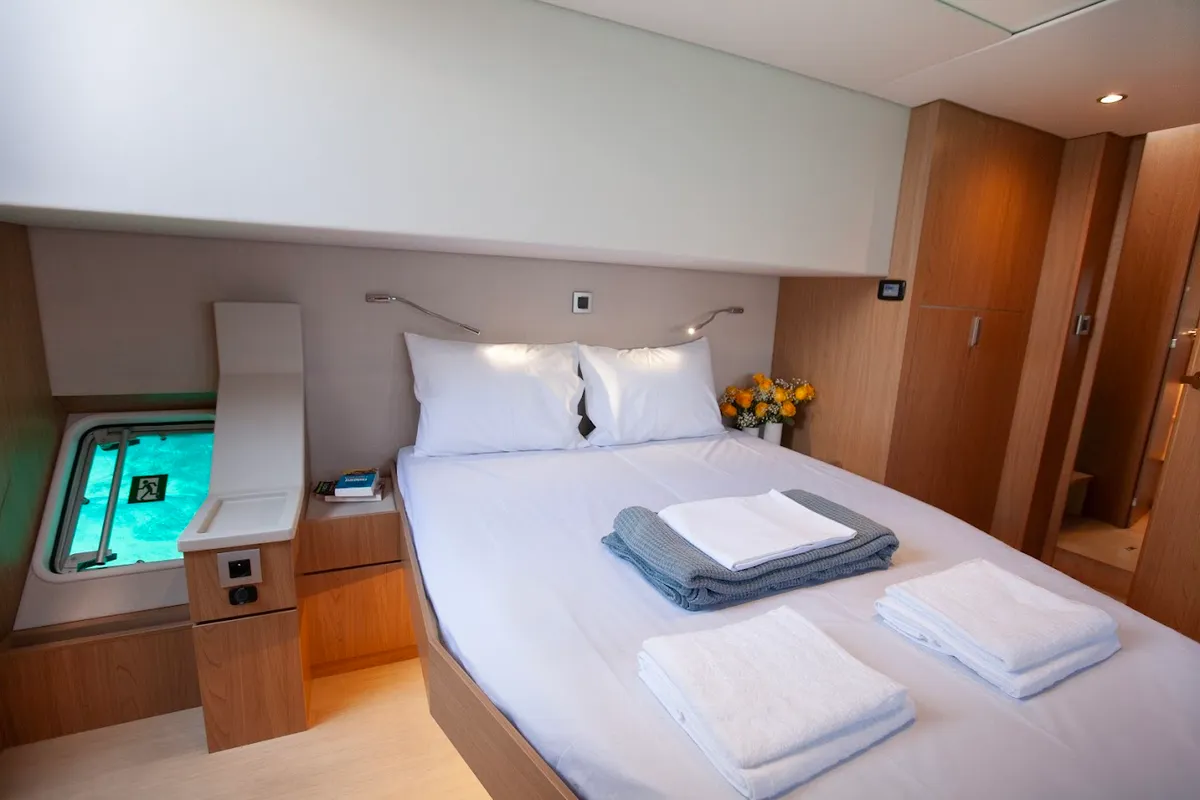 Cabin on Nereid, a Bali 4.8 catamaran at Agios Stefanos, Greece
