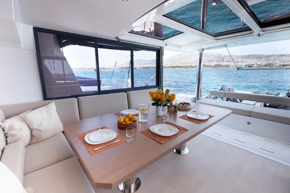 Salon of Nereid, a Bali 4.8 catamaran at Agios Stefanos, Greece
