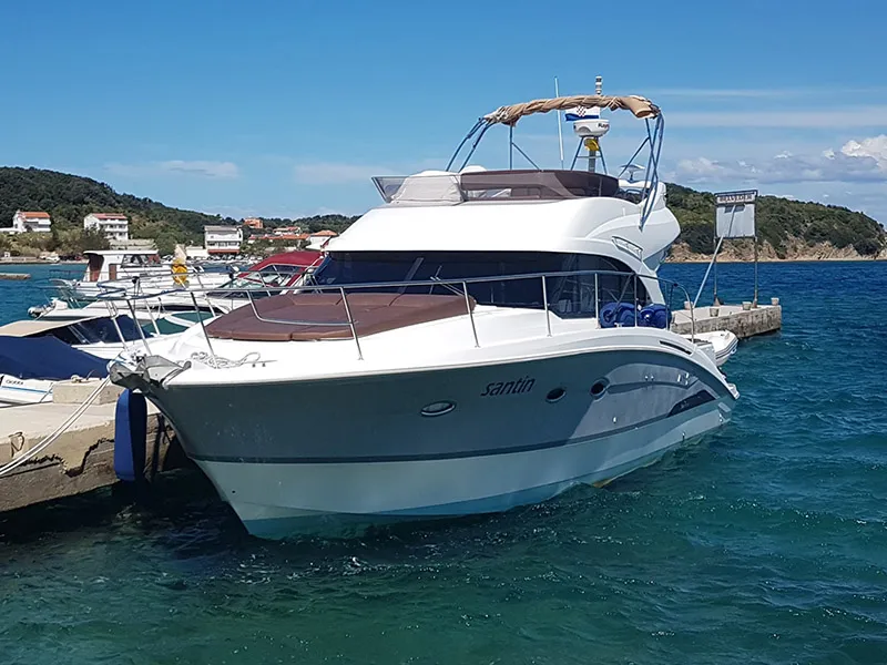 Exterior view of Santin, a Beneteau Antares 42 Fly motor yacht at Punat, Croatia