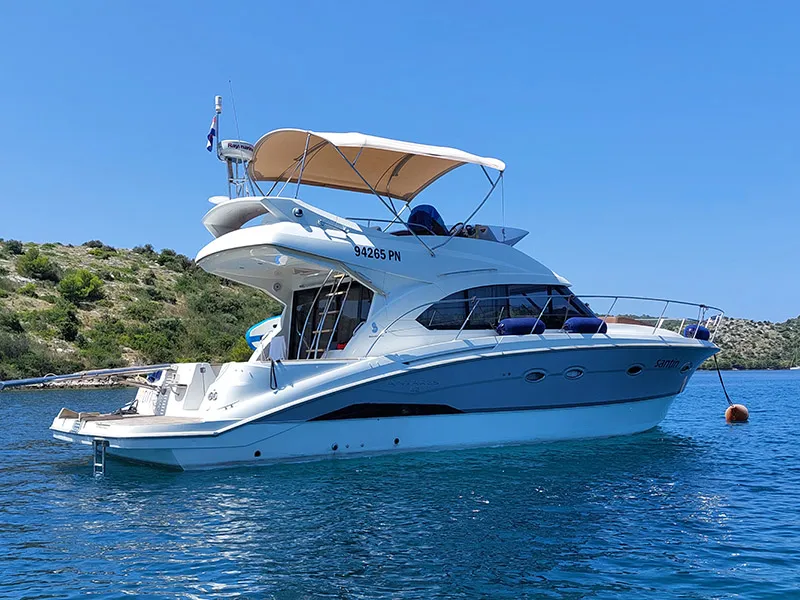 Exterior view of Santin, a Beneteau Antares 42 Fly motor yacht at Punat, Croatia