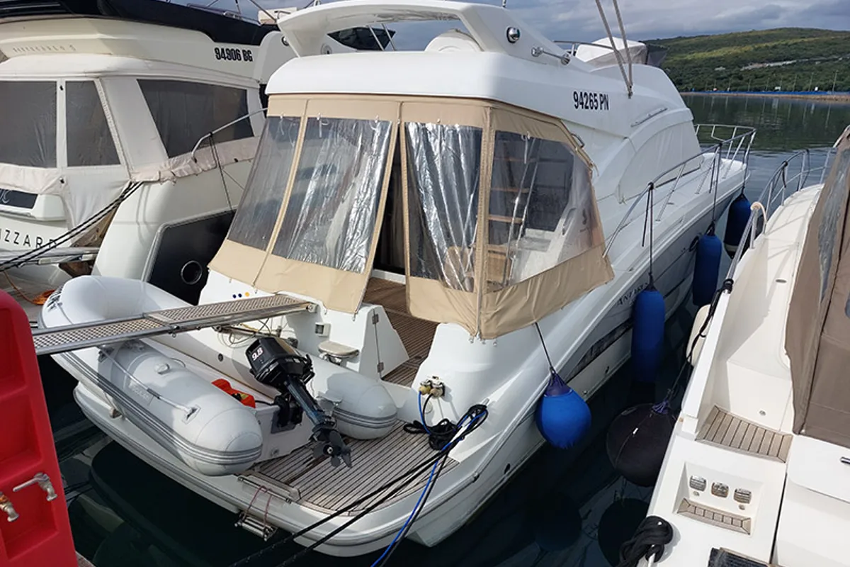 Exterior view of Santin, a Beneteau Antares 42 Fly motor yacht at Punat, Croatia
