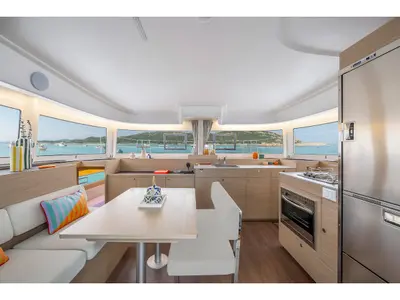 Salon of Lagoon 38, a catamaran at Olbia, Italy