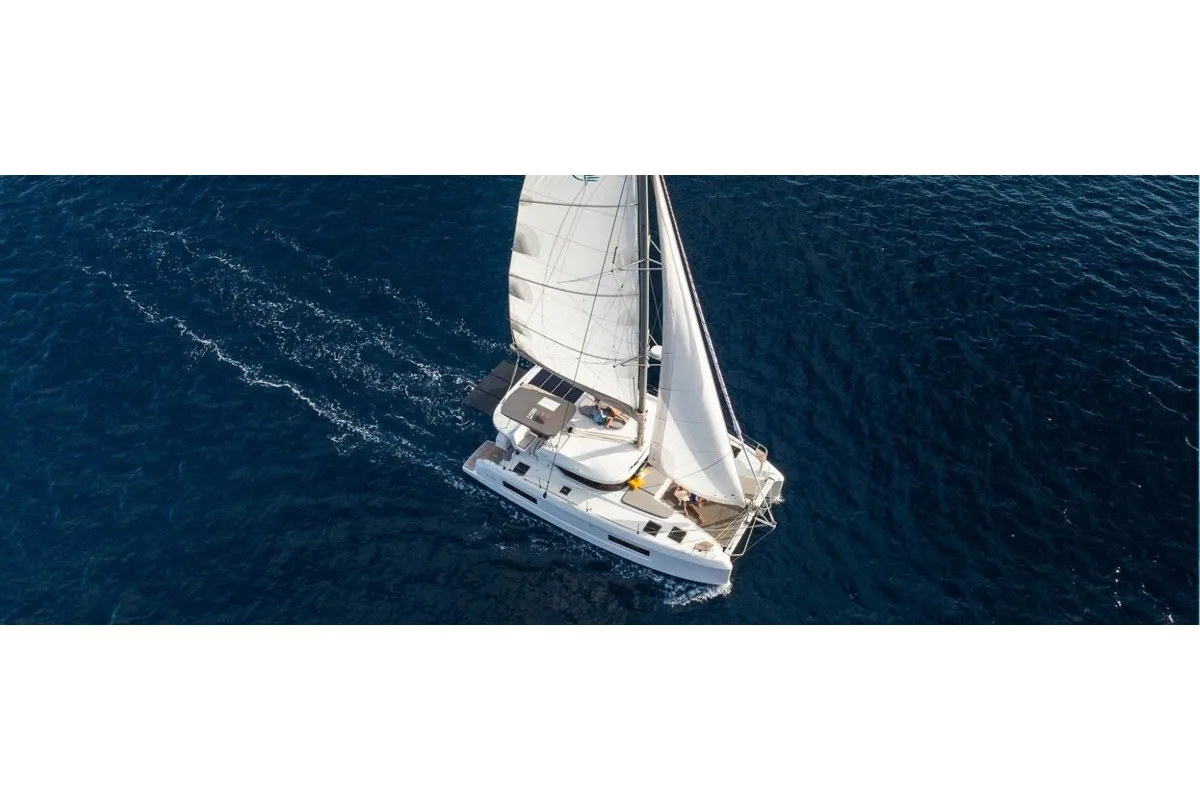 Exterior view of Lagoon 38, a catamaran at Olbia, Italy