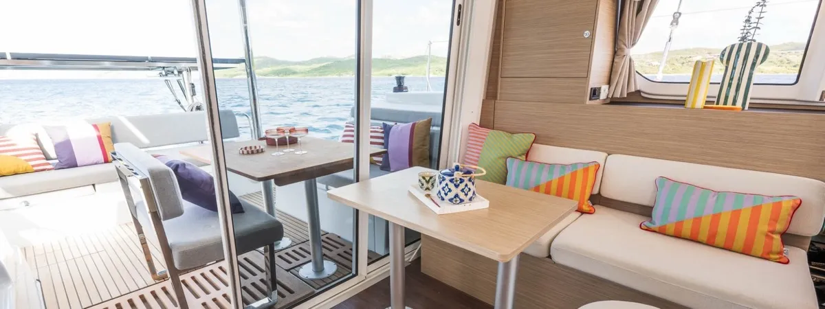Salon of Lagoon 38, a catamaran at Olbia, Italy