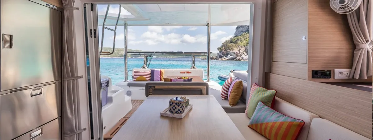 Salon of Lagoon 38, a catamaran at Olbia, Italy