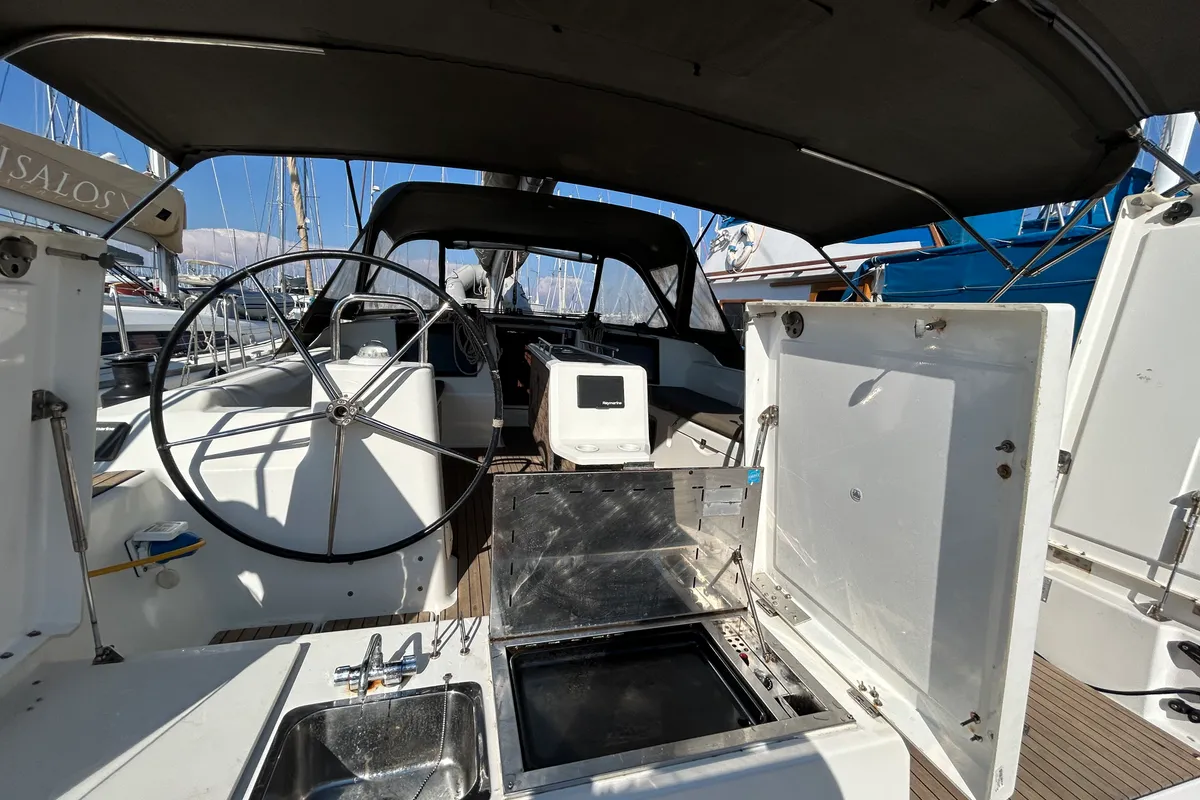 Deck of Tango II, a Dufour 460 GL sailboat at Kontokali, Greece