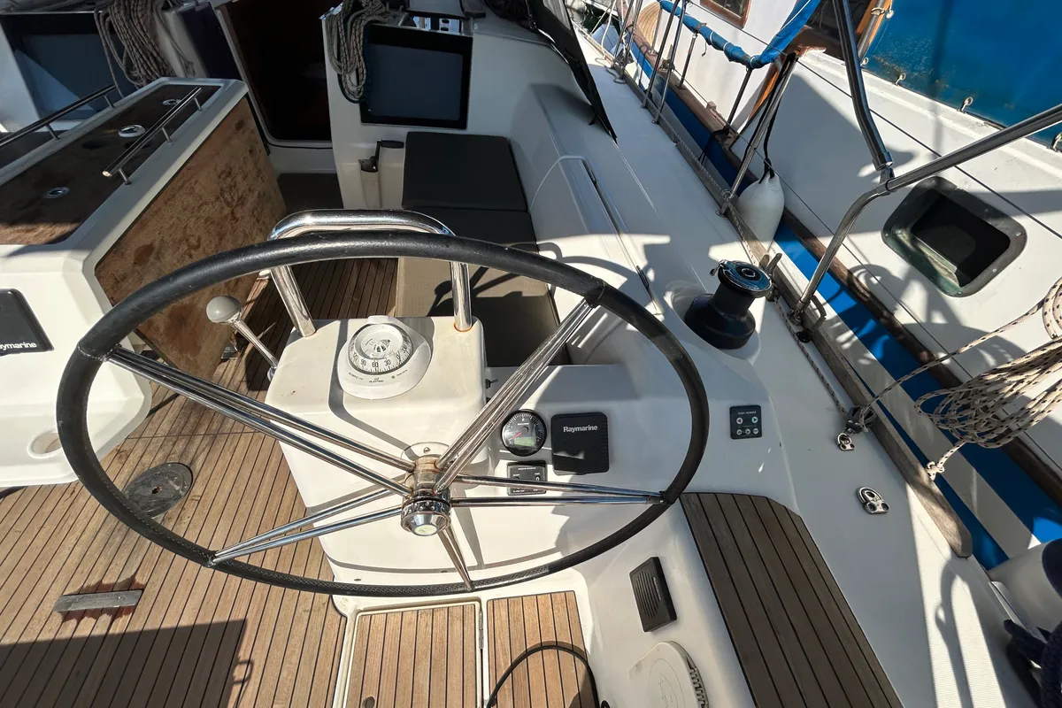 Cockpit of Tango II, a Dufour 460 GL sailboat at Kontokali, Greece