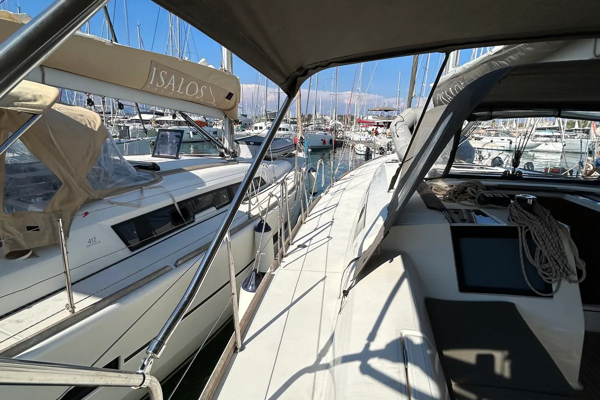 Exterior view of Tango II, a Dufour 460 GL sailboat at Kontokali, Greece