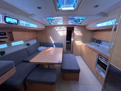 Salon of Tango II, a Dufour 460 GL sailboat at Kontokali, Greece