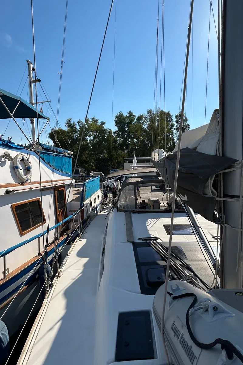 Deck of Tango II, a Dufour 460 GL sailboat at Kontokali, Greece