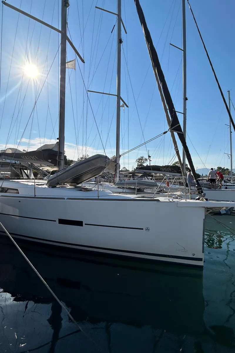 Exterior view of Tango II, a Dufour 460 GL sailboat at Kontokali, Greece