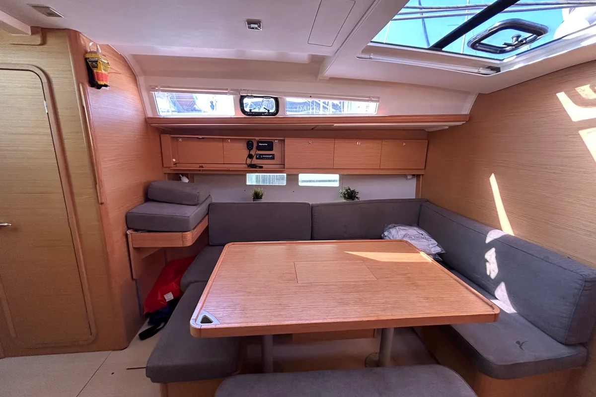 Salon of Tango II, a Dufour 460 GL sailboat at Kontokali, Greece
