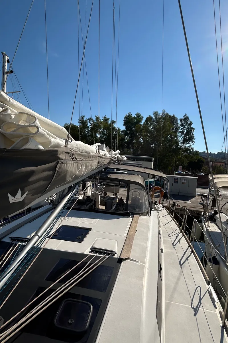 Deck of Tango II, a Dufour 460 GL sailboat at Kontokali, Greece