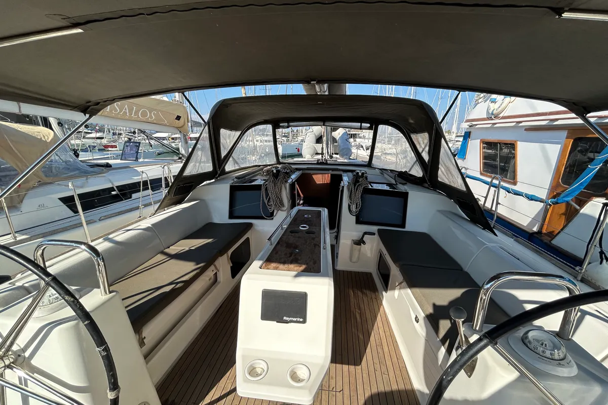 Cockpit of Tango II, a Dufour 460 GL sailboat at Kontokali, Greece