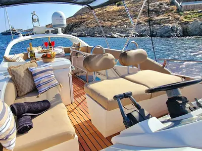 Cockpit of Fairline Boats Fairlane Phantom 43, a motor yacht at Mykonos, Greece