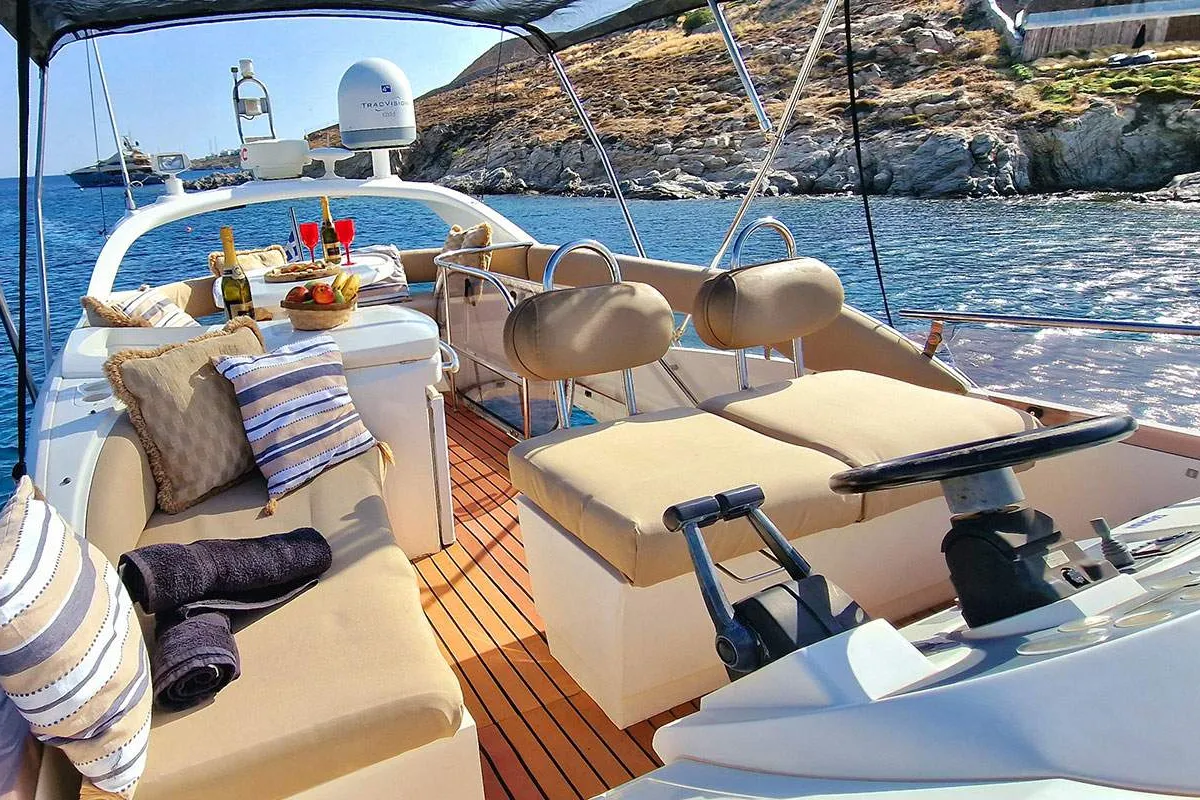 Fairline, a Fairline Boats Fairlane Phantom 43 motorboat at Mykonos, Greece