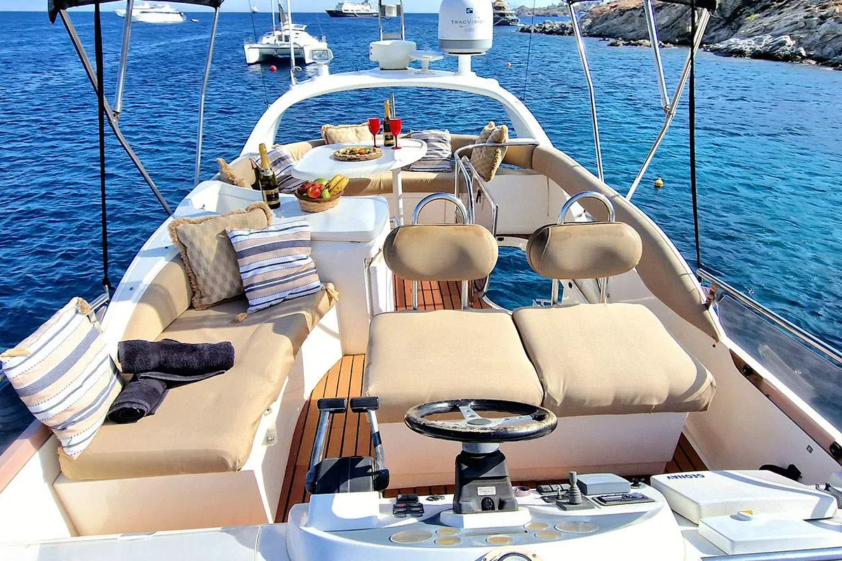 Fairline, a Fairline Boats Fairlane Phantom 43 motorboat at Mykonos, Greece