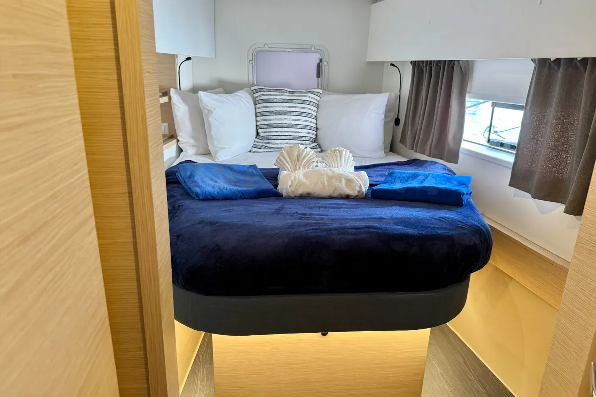 Cabin on Scarlet Ibis II, a Fountaine Pajot FP 44 Maestro catamaran at Road Town, British Virgin Islands