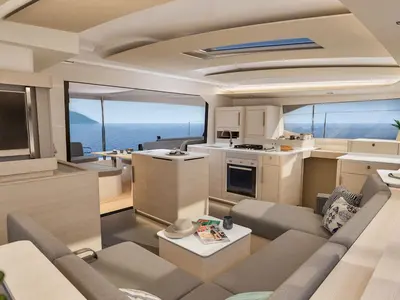 Salon of Scarlet Ibis II, a Fountaine Pajot FP 44 Maestro catamaran at Road Town, British Virgin Islands