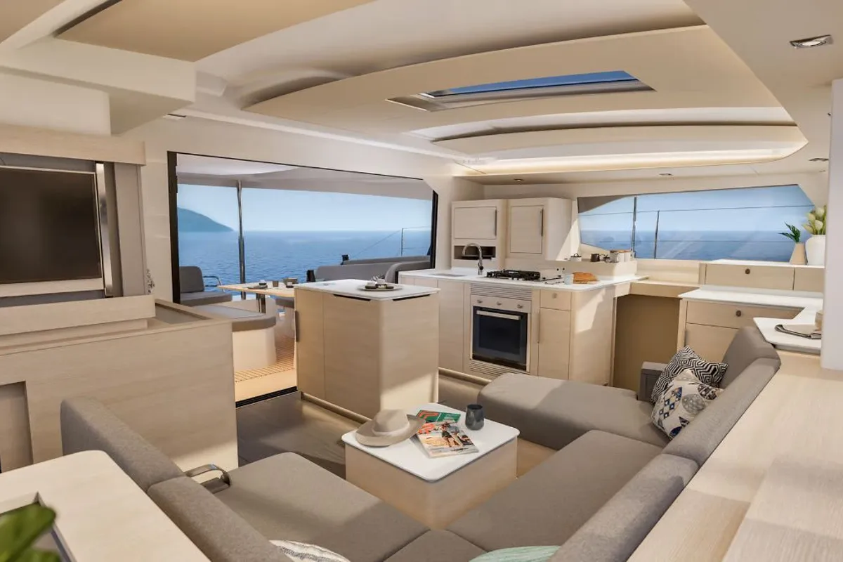 Salon of Scarlet Ibis II, a Fountaine Pajot FP 44 Maestro catamaran at Road Town, British Virgin Islands
