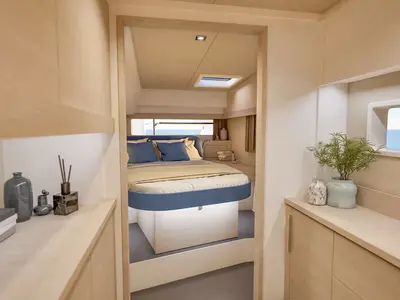 Cabin on Scarlet Ibis II, a Fountaine Pajot FP 44 Maestro catamaran at Road Town, British Virgin Islands