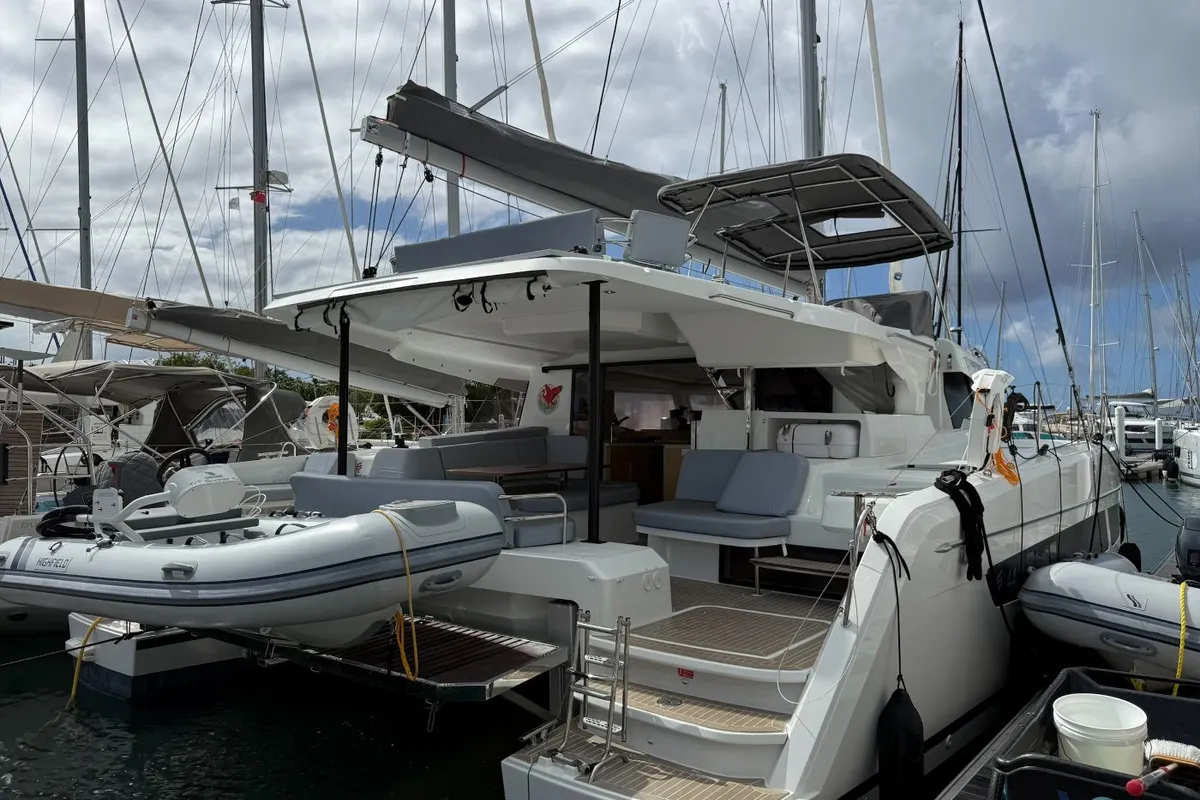 Exterior view of Scarlet Ibis II, a Fountaine Pajot FP 44 Maestro catamaran at Road Town, British Virgin Islands
