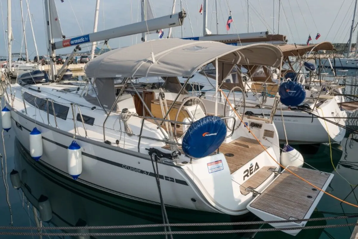 Exterior view of Rea, a Bavaria Cruiser 37 sailboat at Grad Biograd na Moru, Croatia