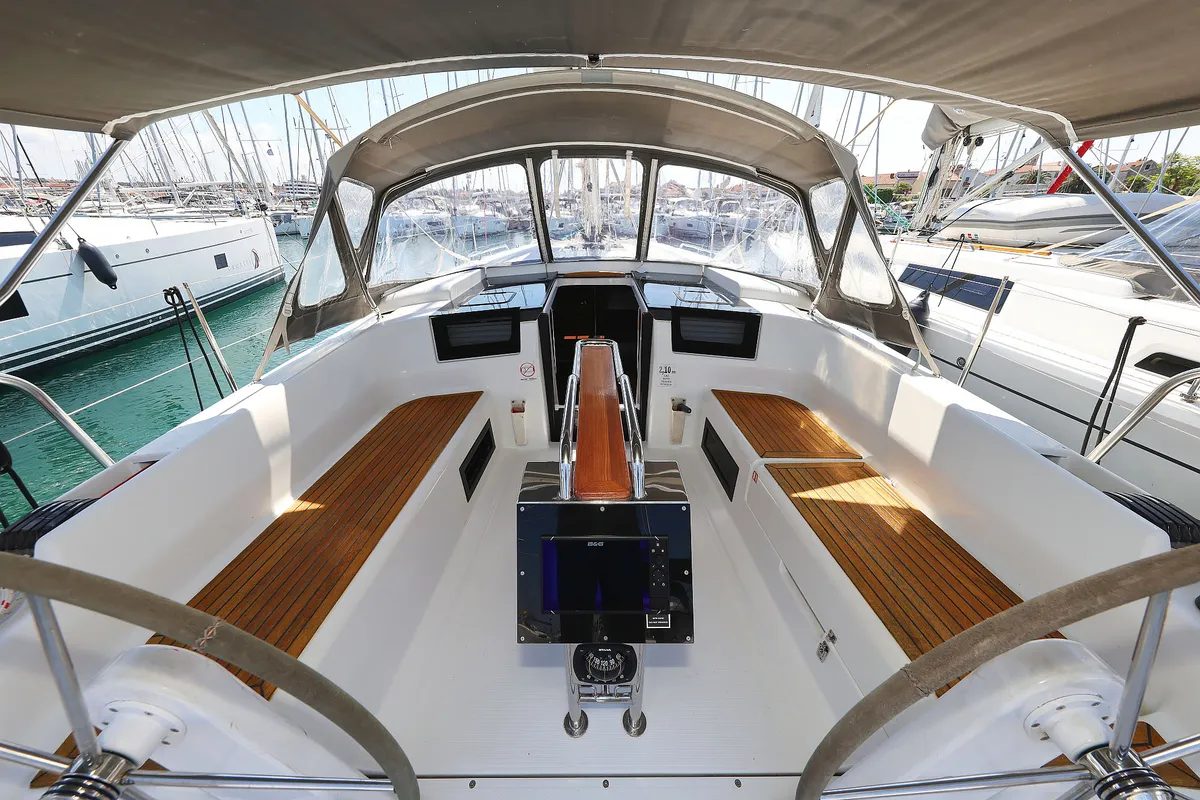 Cockpit of Whisper, a Hanse 388 sailboat at Grad Biograd na Moru, Croatia