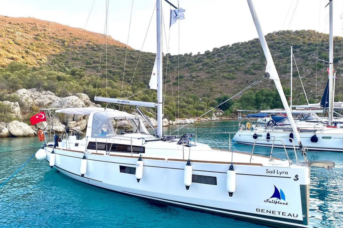 Exterior view of Sail Lyra, a Beneteau Oceanis 38.1 sailboat at Marmaris, Turkey