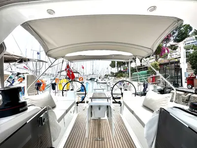 Cockpit of Beneteau Oceanis 38.1, a sailboat at Marmaris, Turkey