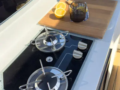 Galley of Ramblero, a Nuva M11 Open motorboat at Sitges, Spain