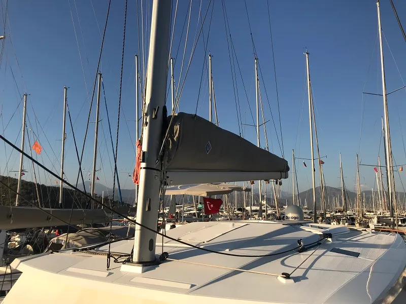 Deck of Bonita, a Fountaine Pajot Astrea 42 catamaran at Fethiye, Turkey