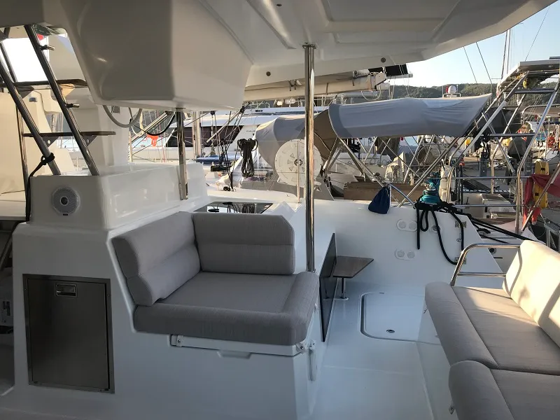 Deck of Bonita, a Fountaine Pajot Astrea 42 catamaran at Fethiye, Turkey