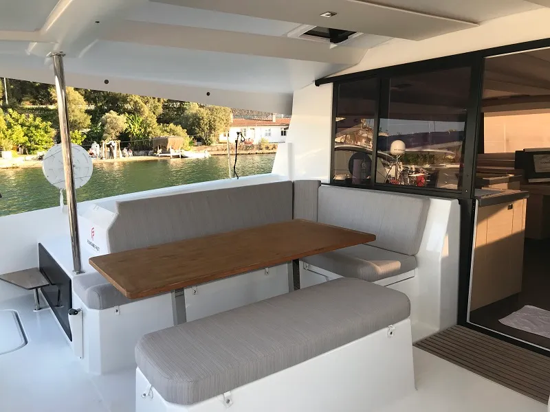 Deck of Bonita, a Fountaine Pajot Astrea 42 catamaran at Fethiye, Turkey
