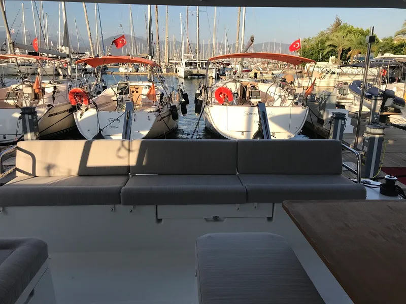 Deck of Bonita, a Fountaine Pajot Astrea 42 catamaran at Fethiye, Turkey