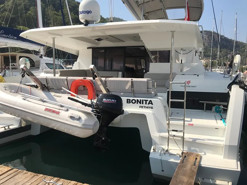 Exterior view of Bonita, a Fountaine Pajot Astrea 42 catamaran at Fethiye, Turkey