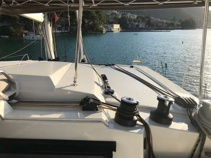 Deck of Bonita, a Fountaine Pajot Astrea 42 catamaran at Fethiye, Turkey