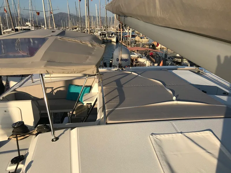 Deck of Bonita, a Fountaine Pajot Astrea 42 catamaran at Fethiye, Turkey