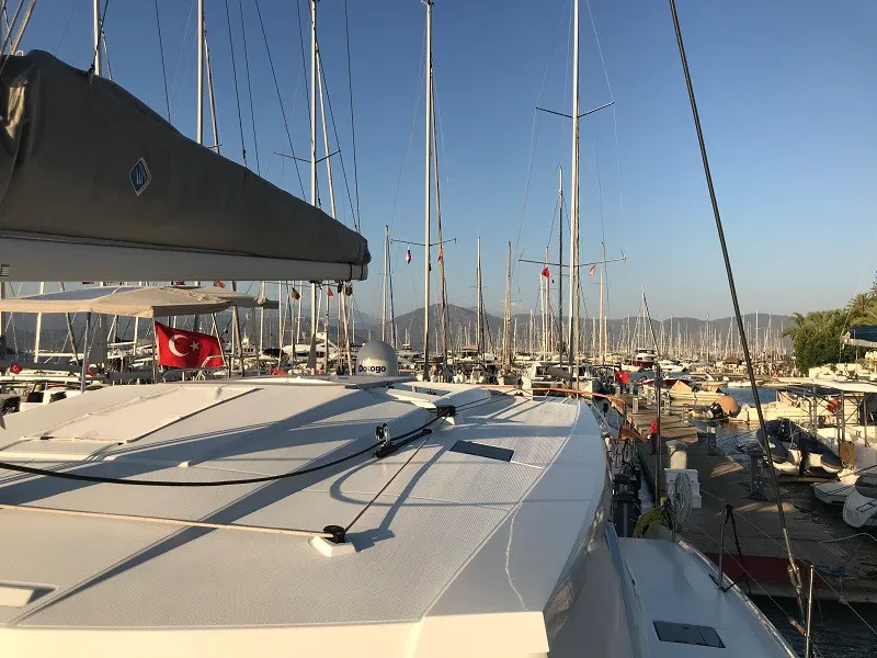 Deck of Bonita, a Fountaine Pajot Astrea 42 catamaran at Fethiye, Turkey