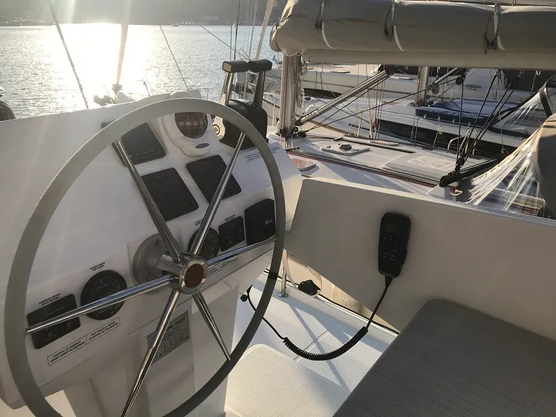 Cockpit of Bonita, a Fountaine Pajot Astrea 42 catamaran at Fethiye, Turkey
