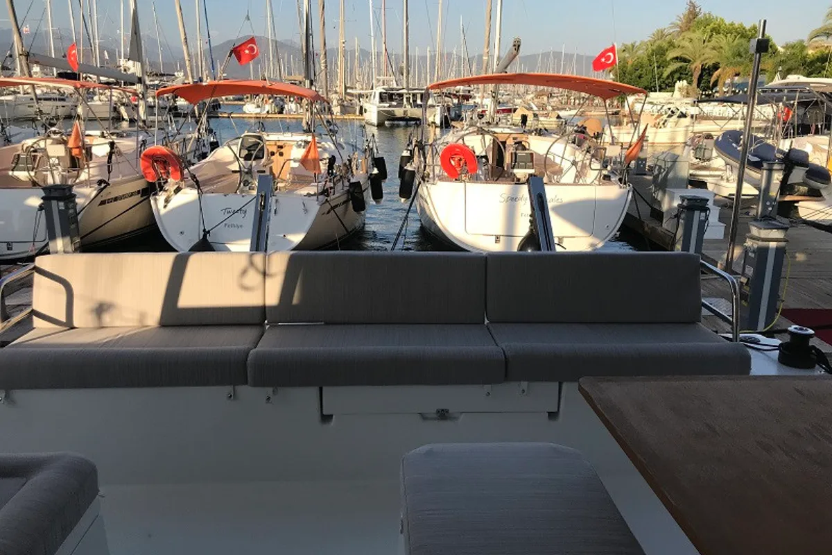 Deck of Bonita, a Fountaine Pajot Astrea 42 catamaran at Fethiye, Turkey